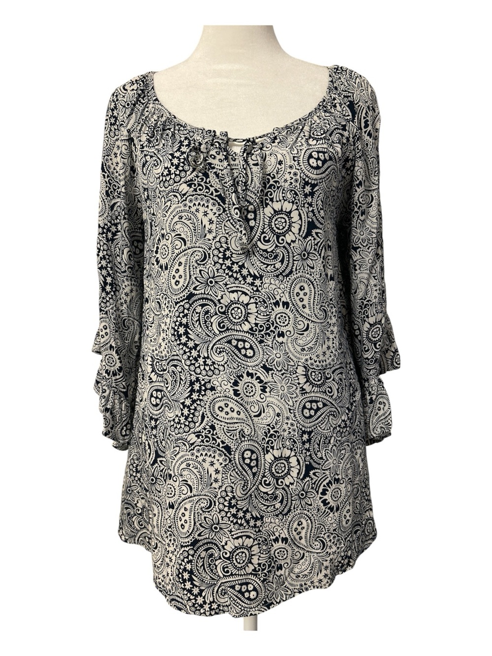 Papillon Blanc Black and White Paisley Peasant Blouse with Tie
